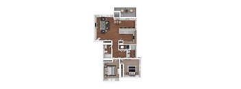 A floor plan of a house with a kitchen, living room, dining room, and two bedrooms.