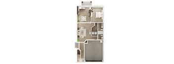 A floor plan of a house with a kitchen, living room, two bedrooms, and a bathroom.