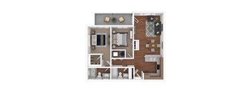 A floor plan of a house with a kitchen, living room, and bathroom.