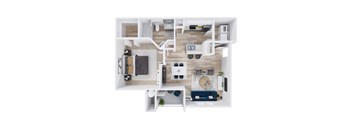 A top down view of a modern apartment with a kitchen, living room, and bedroom.