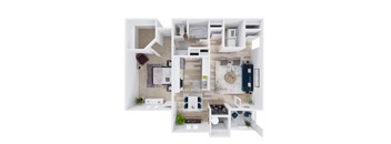 A top-down view of a modern apartment layout with a kitchen, living room, and bathroom.