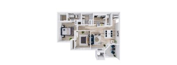 A top-down view of a modern, open-plan living and kitchen area.