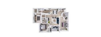A top-down view of a small apartment layout with a kitchen, living room, and bedrooms.