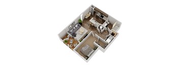 A top-down view of a small apartment with a living room, kitchen, and bedroom.