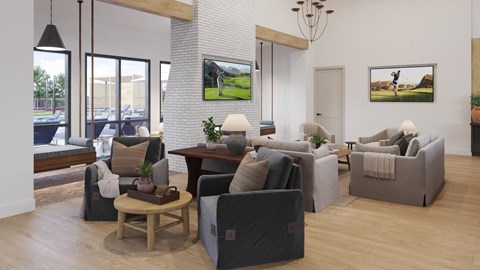 A living room with a grey couch and a coffee table.