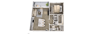 A top-down view of a modern apartment layout with a living room, kitchen, and bathroom.