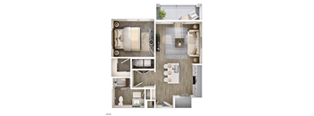 A 3D floor plan of a small apartment with a kitchen, living room, and bathroom.