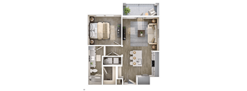 A floor plan of a small apartment with a bedroom, living room, and kitchen.