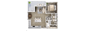 A 3D floor plan of a house with a living room, kitchen, and bathroom.