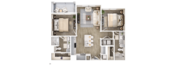 A series of images showing different layouts of a living room, kitchen, and bathroom.