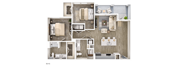 A series of images showing different layouts of a bedroom, living room, and kitchen.