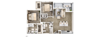 A series of images showing different layouts of a bedroom, bathroom, and living room.
