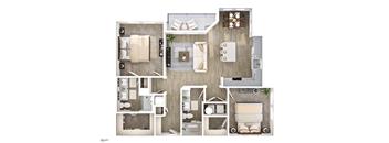 A floor plan of a small apartment with a kitchen, living room, and two bedrooms.