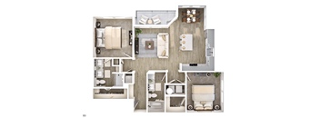 A floor plan of a house with a living room, kitchen, and three bedrooms.
