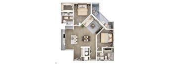 A floor plan of a house with a living room, kitchen, and two bedrooms.