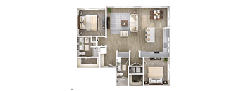 A floor plan of a house with a living room, dining room, kitchen, and two bedrooms.