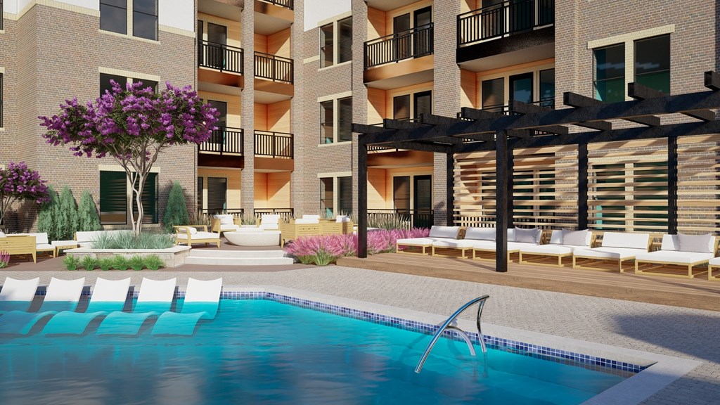 The Depot Apartments in Celina, Texas Pool and Lounge Chairs Rendering