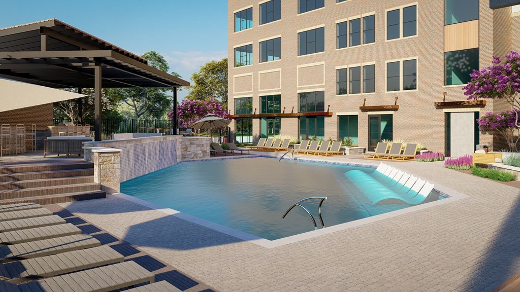 The Depot Apartments in Celina, Texas Pool and Lounge Chairs Rendering
