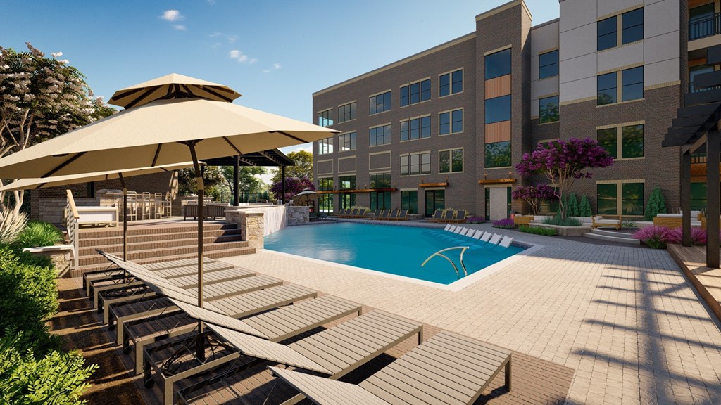 The Depot Apartments in Celina, Texas Pool and Lounge Chairs Rendering