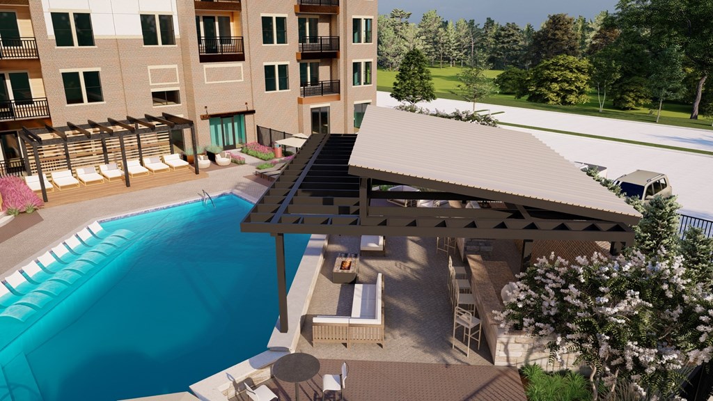 The Depot Apartments in Celina, Texas Pool and Lounge Chairs Rendering