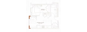 A floor plan of a house with a bedroom, pantry, and living area/kitchen.