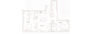 A floor plan of a house with two bedrooms, a living room, a kitchen, a pantry, and two closets.