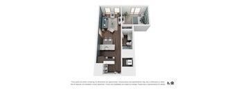 A floor plan of a small apartment with a kitchen, living room, and bedroom.