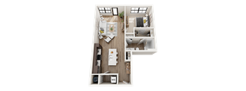 3D Floor Plan of The Ford with a living room, kitchen, and bedroom.