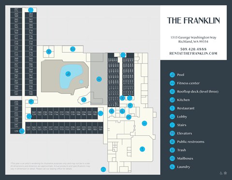 Property site map with amenities and floor plans at The Franklin Apartments, Washington