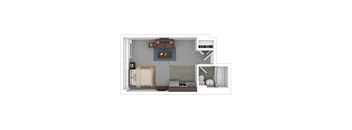 A top-down view of a small apartment with a bed, a couch, a desk, and a chair.