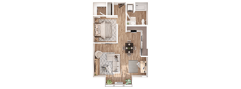 A top-down view of a small apartment with a kitchen, living room, and bathroom.