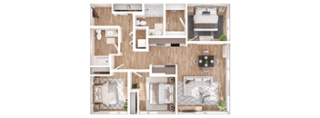 A top-down view of a house layout with multiple rooms and furniture.