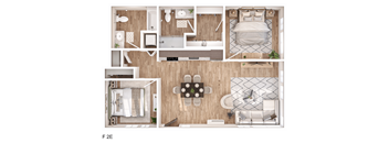 A floor plan of a small apartment with a kitchen, living room, and bathroom.