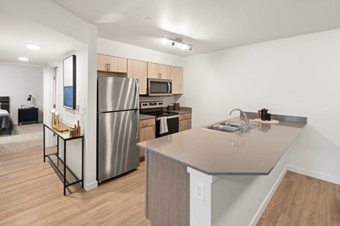 a kitchen with stainless steel appliances and a counter top