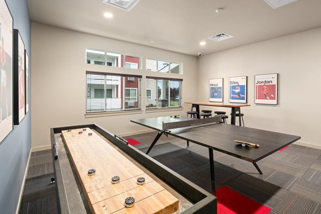 The Goat at Broadmoor in Pasco, Washington Clubhouse Game Room with Shuffleboard and Ping Pong Table