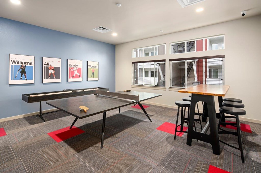 The Goat at Broadmoor in Pasco, Washington Clubhouse Game Room with Shuffleboard and Ping Pong Table