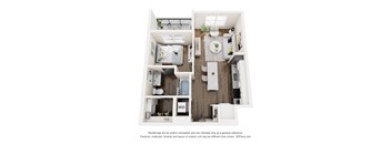 A 3D floor plan of a small apartment with a kitchen, living room, and bathroom.