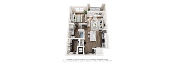 A 3D floor plan of a small apartment with a kitchen, living room, and bathroom.