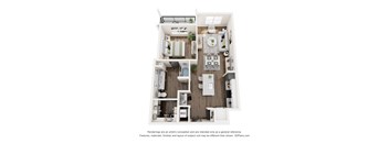 A 3D floor plan of a small apartment with a kitchen, living room, and bathroom.