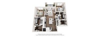 A 3D floor plan of a house with a kitchen, living room, and two bedrooms.