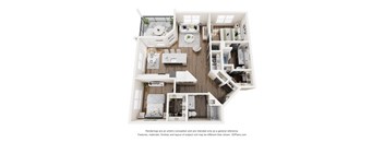 A 3D floor plan of a small apartment with a kitchen, living room, and bedrooms.