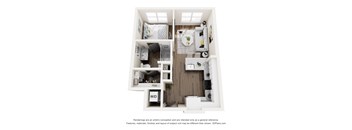 A 3D floor plan of a small apartment with a kitchen, living room, and bathroom.