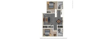 A floor plan of a small apartment with a kitchen, living room, and two bedrooms.
