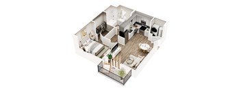 A top down view of a small apartment with a kitchen, living room, and bathroom.