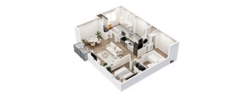A white and wood floor plan of a house with a kitchen, living room, and bedrooms.