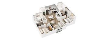 A white and wood floor plan of a house with a kitchen, living room, dining room, and two bedrooms.