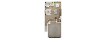 A floor plan of a small apartment with a kitchen, living room, and bathroom.