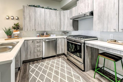 a kitchen with a stove and a sink