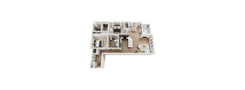 A 3D floor plan of a house with multiple rooms and furniture.