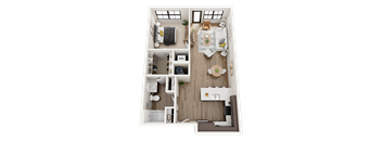 3D Floor Plan of The Maple with a living room, kitchen, and bedroom.